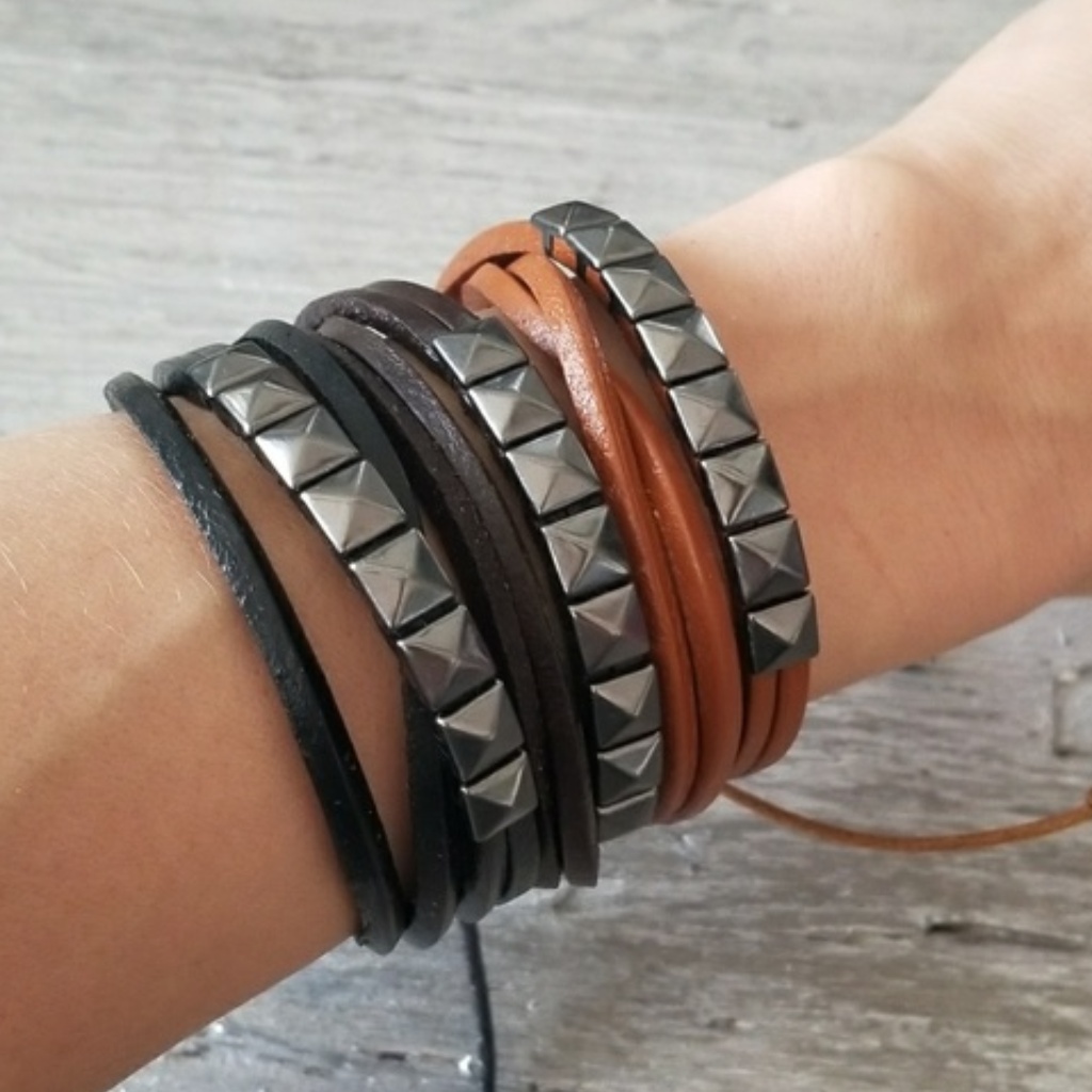 Faux Leather Multi Row Bracelet With Studs